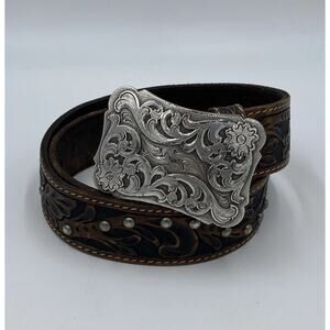 3D Belt Co Hand Tooled Leather Nailhead Western Silver Rodeo Buckle Sz S Studded